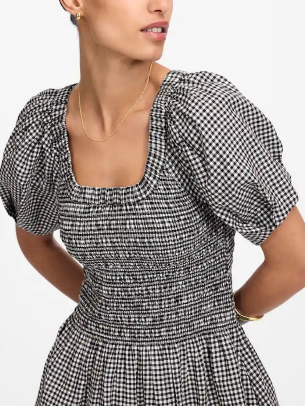 Madewell Dress Gingham Smocked U-Neck Mini Black White size Medium Linen Cotton - Picture 3 of 13